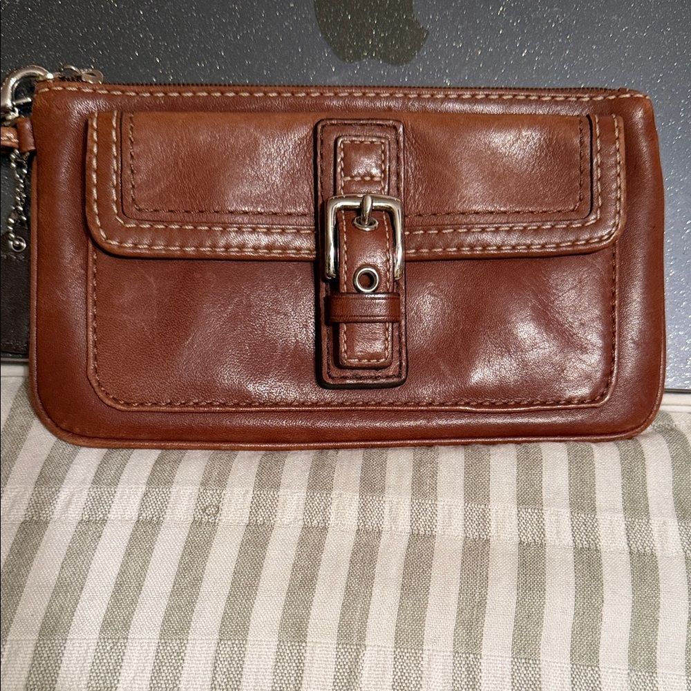 Coach Brown Leather Mini Wristlet with Buckle Detail